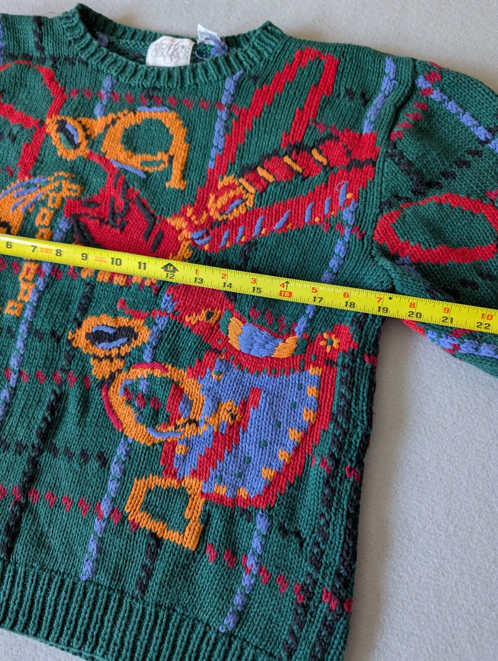 Vintage Holiday Plaid Knit Graphic Green Sweater Ramie Cotton Eclectic Sz M image 6